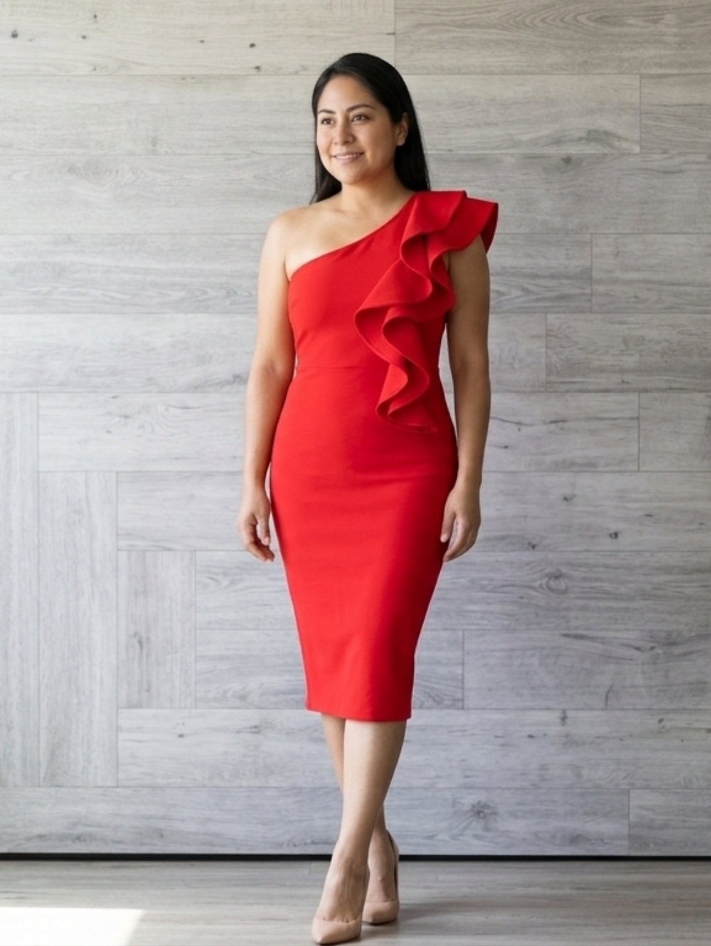 Women's One Shoulder Ruffle Bodycon Dress Elegant Cocktail Party Slit Midi Dress